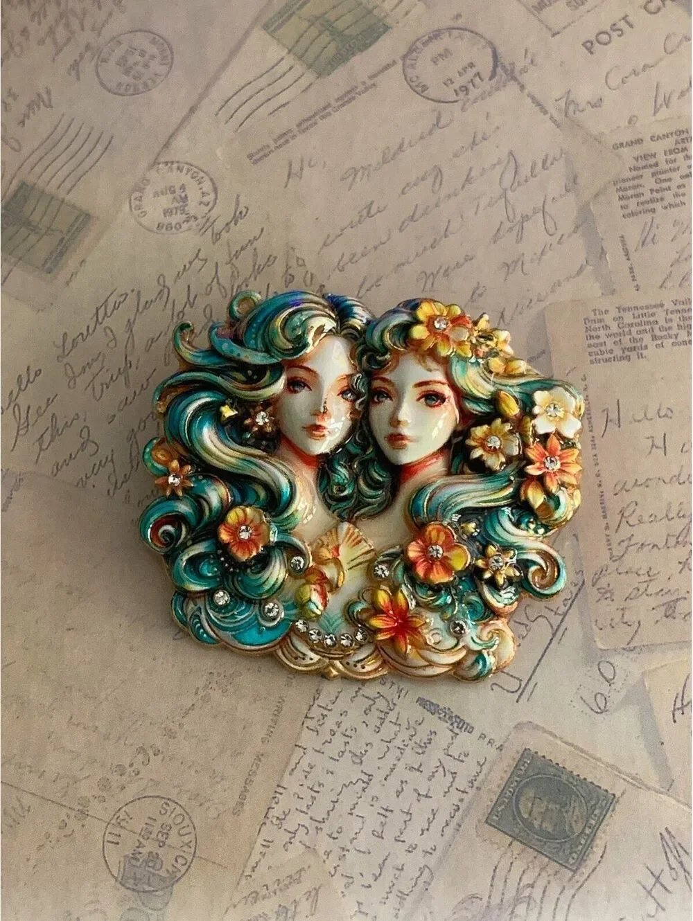 Hand-Painted Double Goddess Floral Enamel Pin Brooch